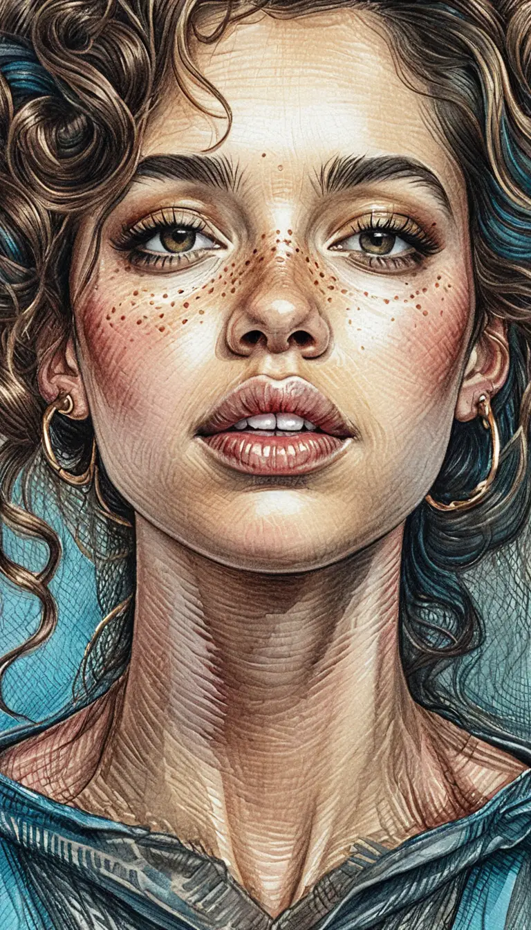 Freckled girl close up portrait in colored pencil drawing