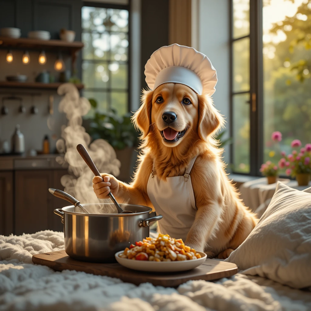 Filhote de golden retriever cozinhando em uma cozinha moderna