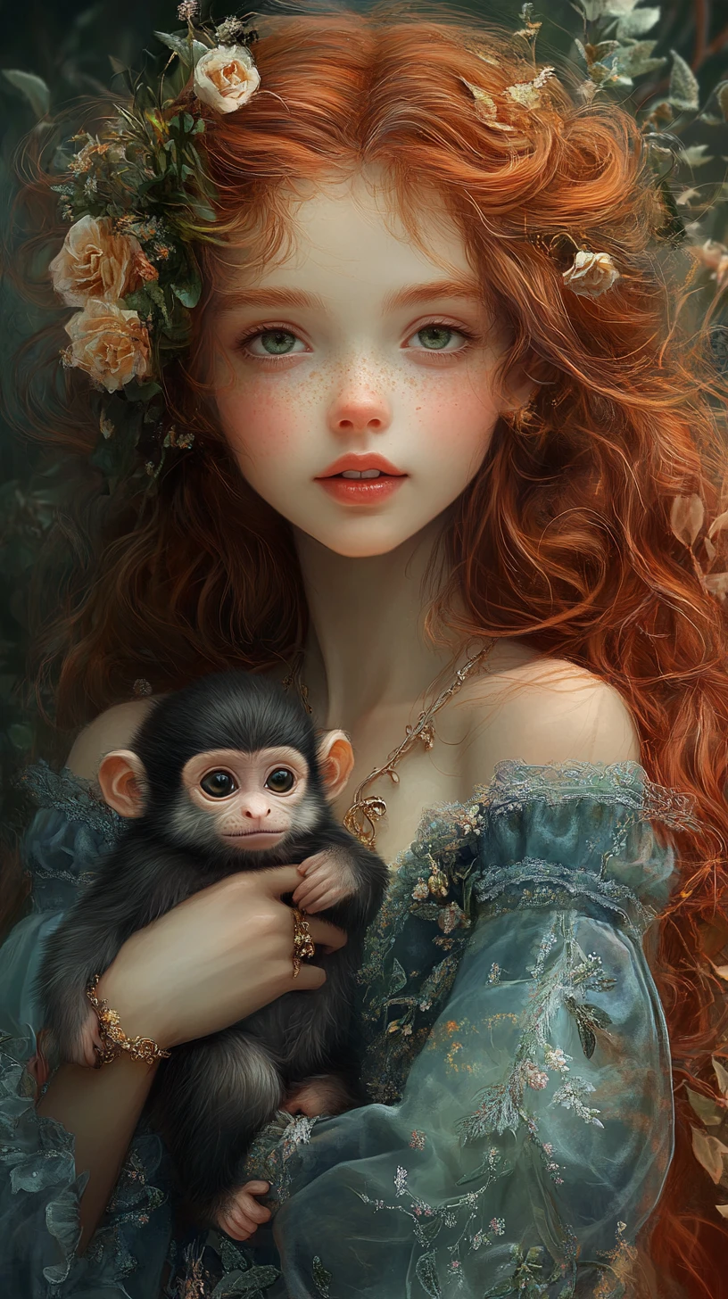 Princesa ruiva segurando um macaquinho nos braços