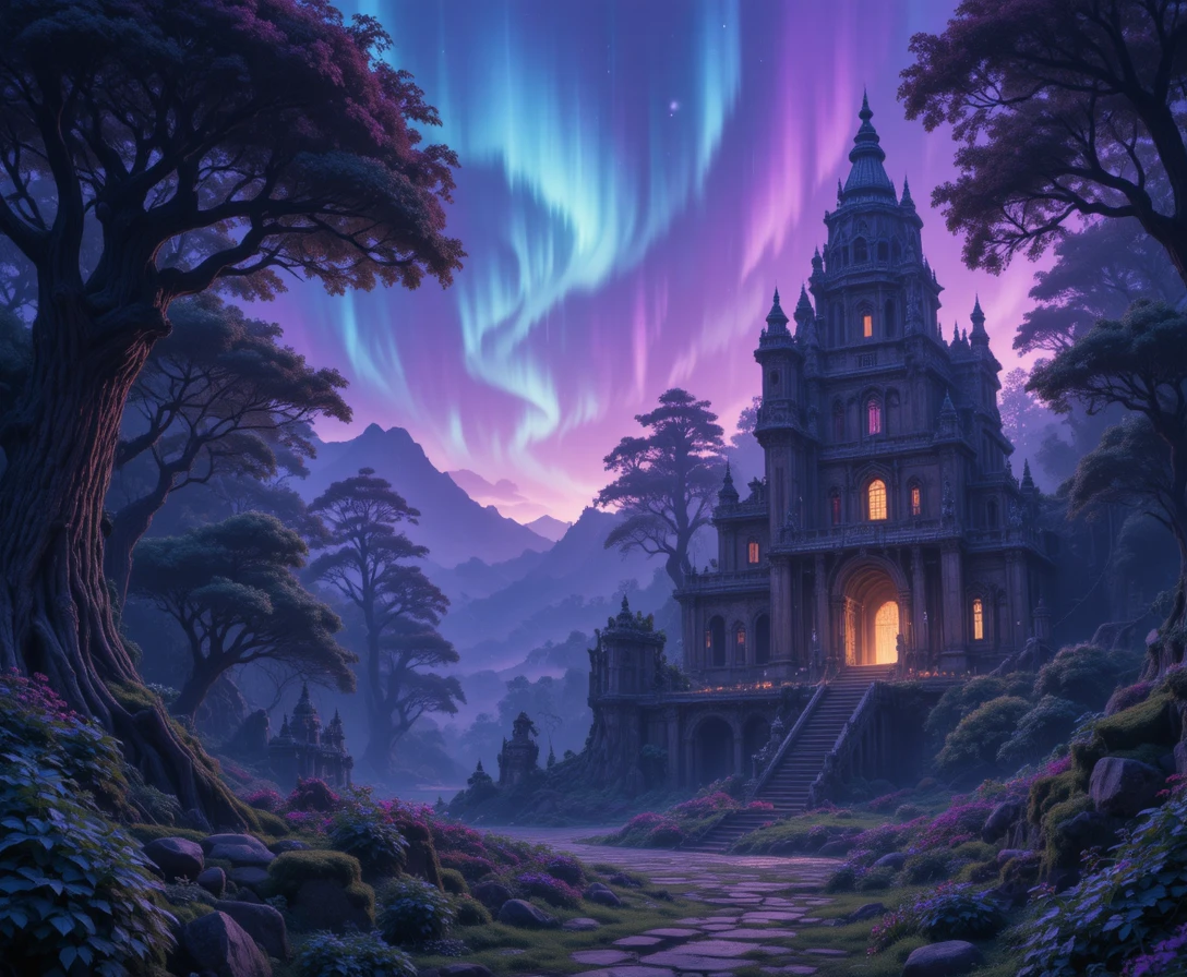 Ruínas de um antigo templo brilhando em uma floresta violeta encantada