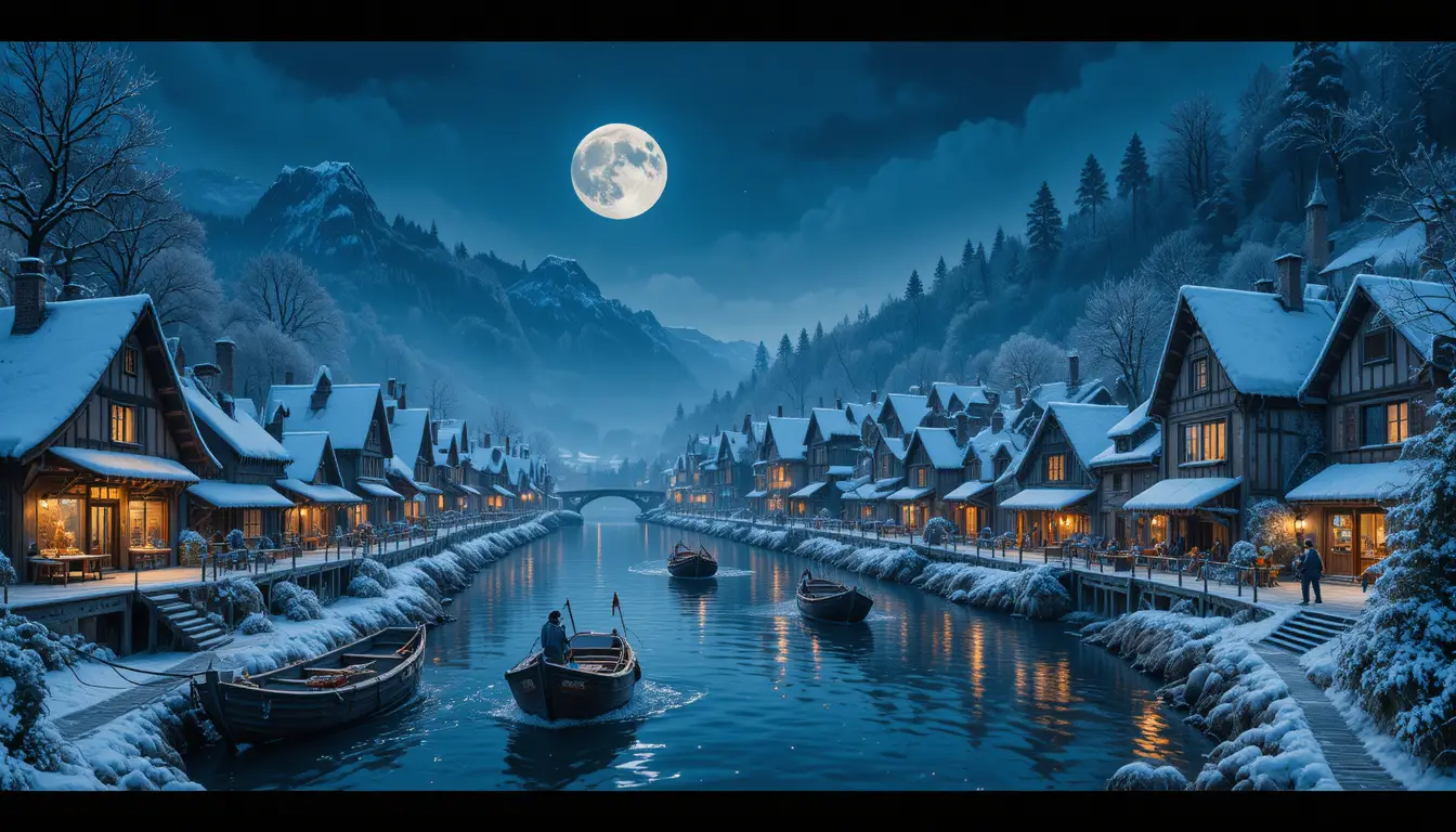 Verschneites mittelalterliches Dorf an einem ruhigen mondbeschienenen Fluss