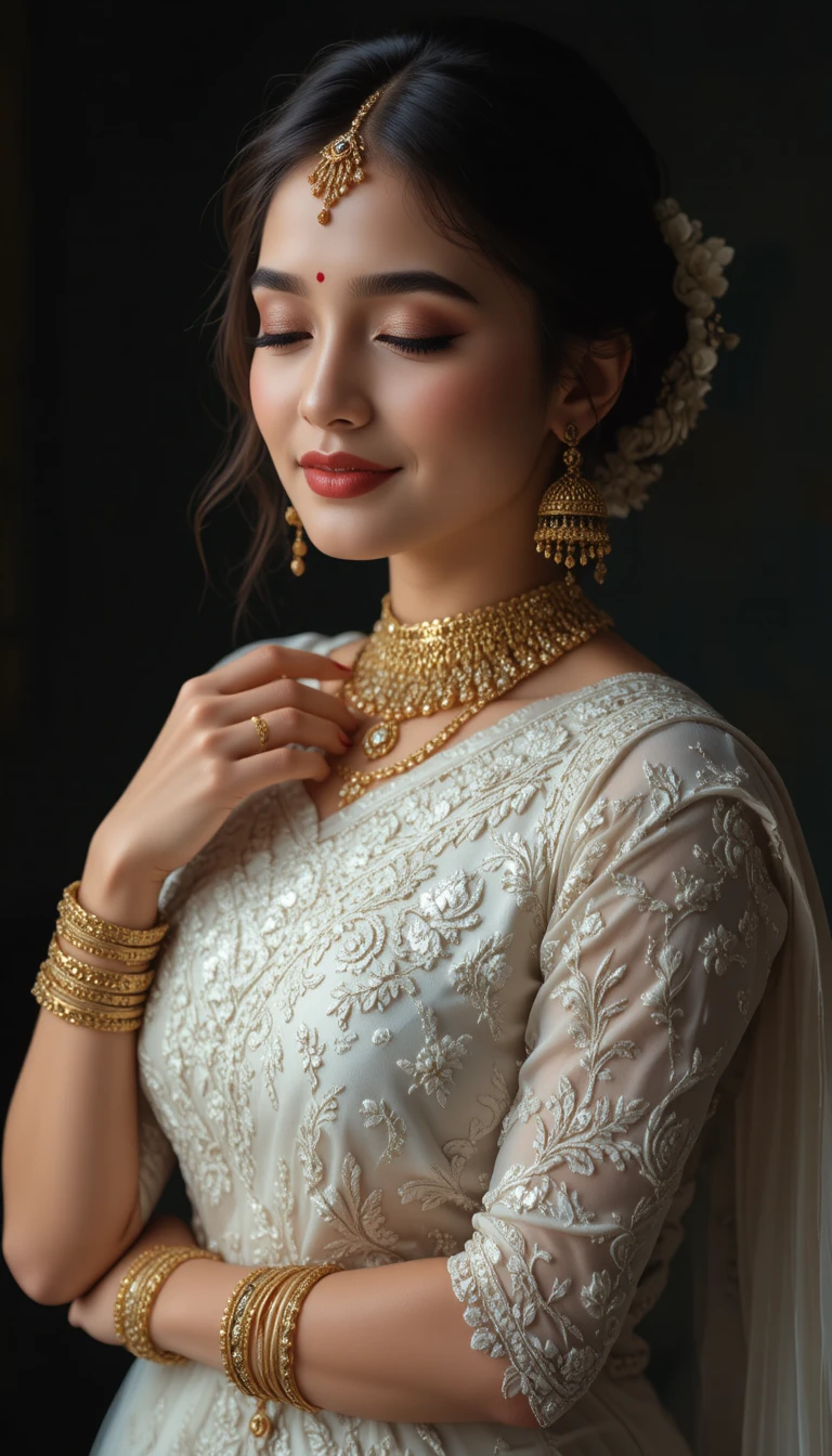 Sanftes Close-up einer traditionellen Frau mit geschlossenen Augen