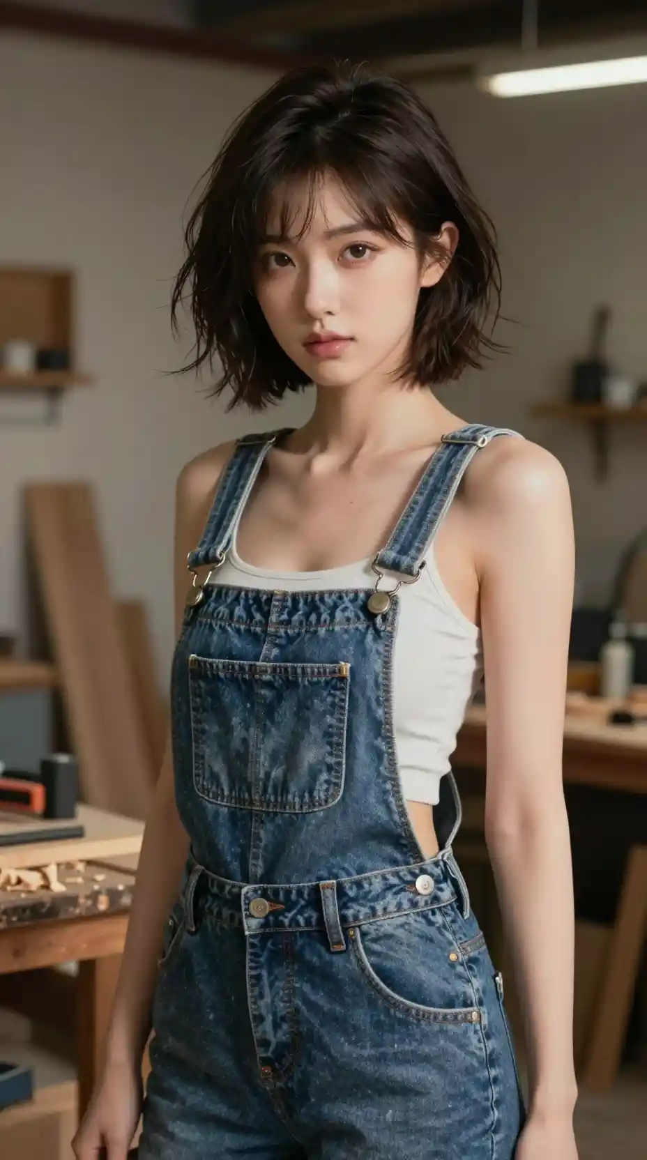 따뜻한 목공 작업실의 청 데님 멜빵바지를 입은 어린 소녀
