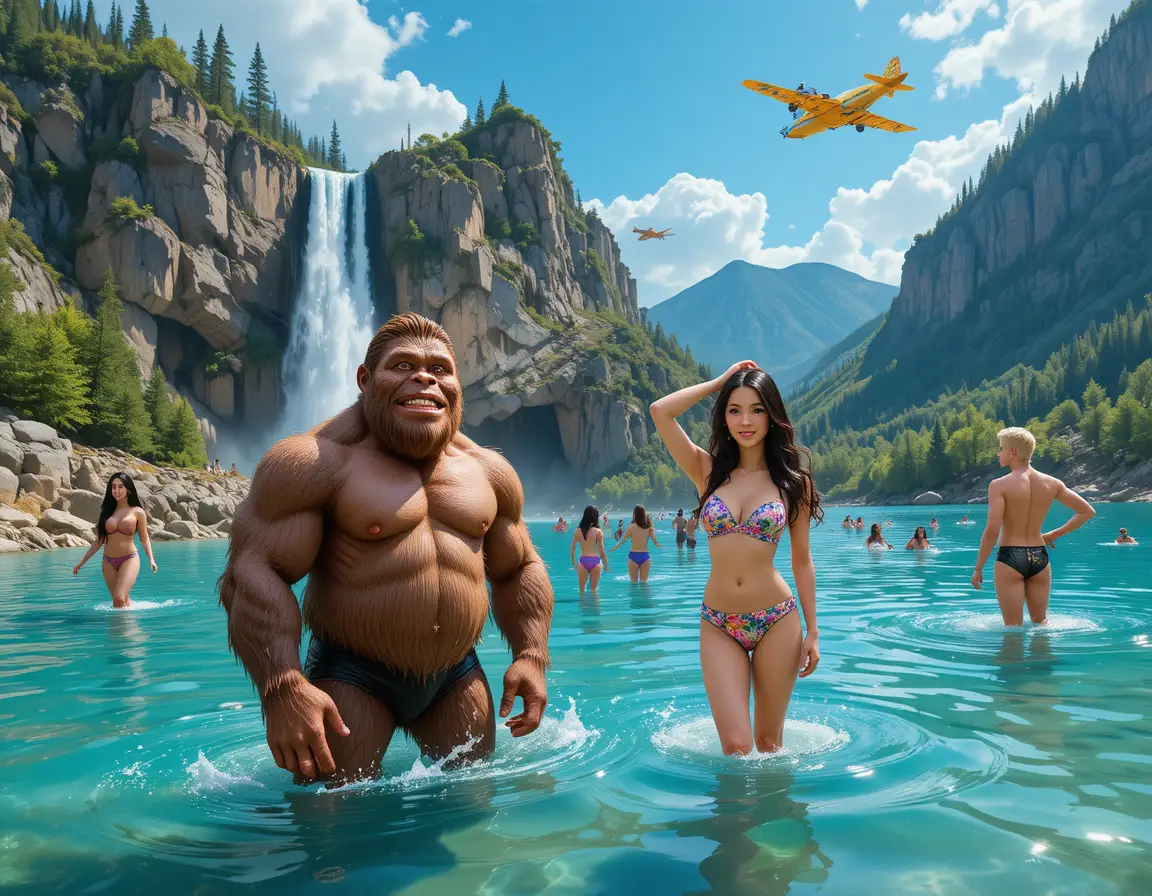 Friendly bigfoot in a mountain lake beneath a waterfall