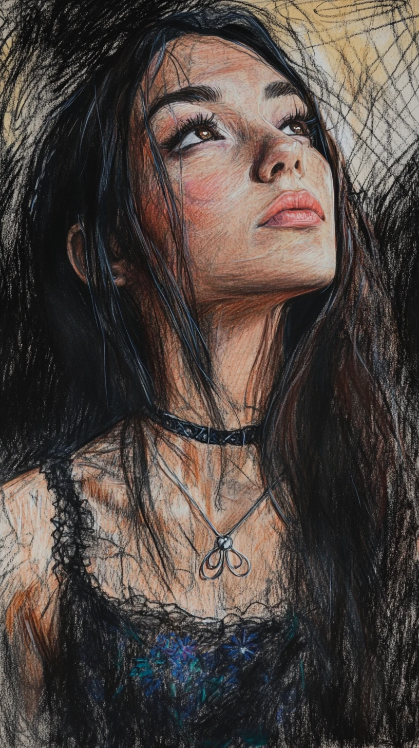 Portrait à l’encre en gros plan d’une jeune femme sur papier texturé