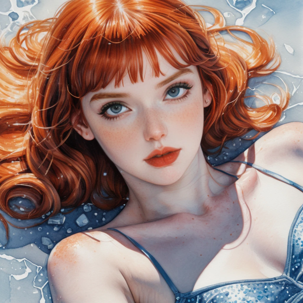日差しの氷上にいるそばかすのある自信に満ちた少女（水彩画）