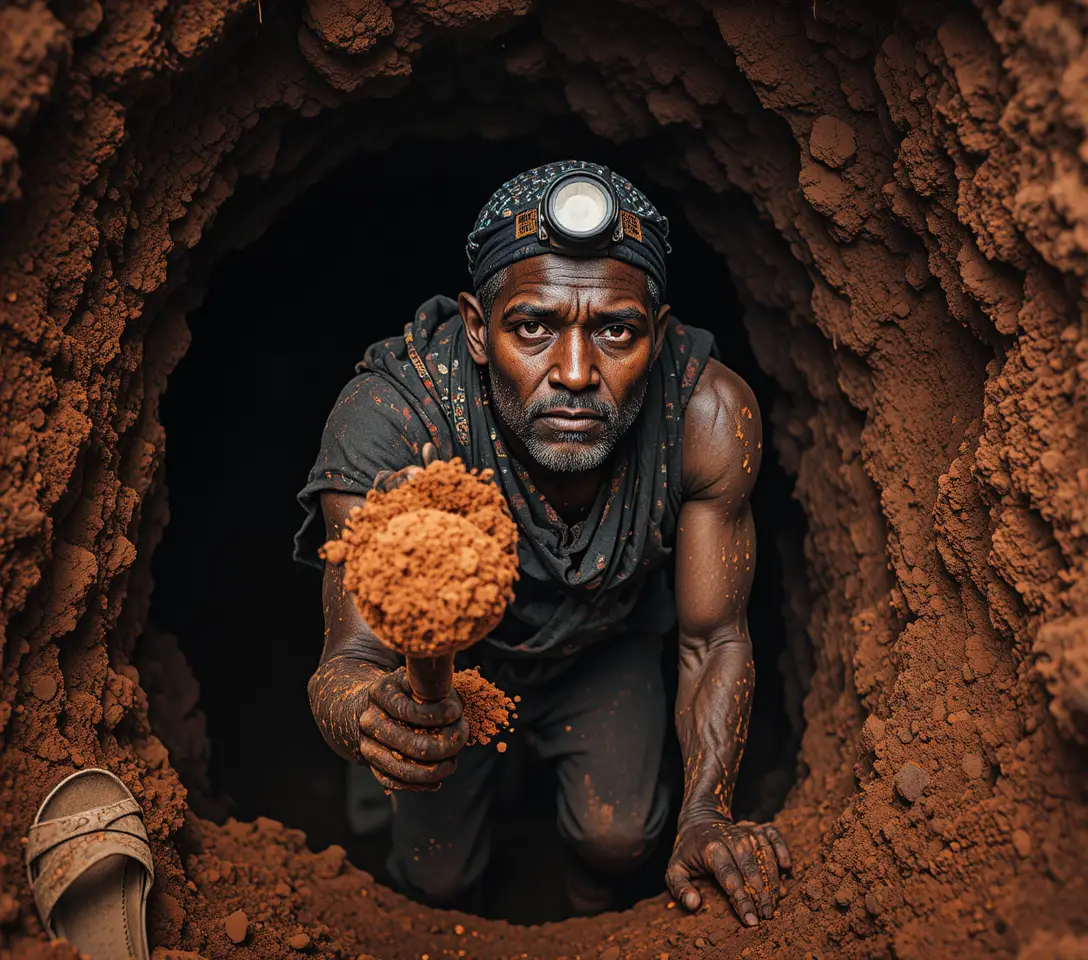 Artisanal miner emerging from narrow earthen tunnel with shovel