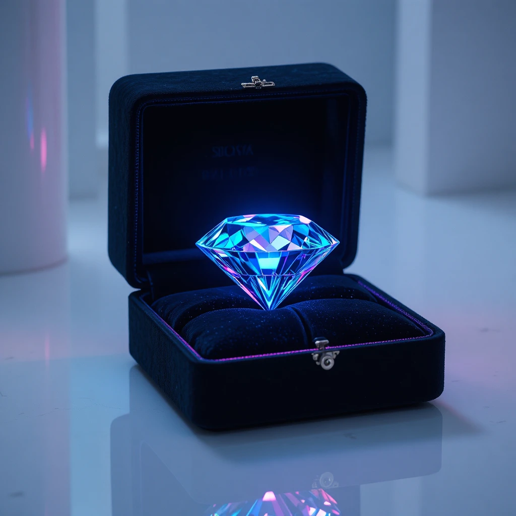 Diamante de luxo em caixa de veludo preto aberta sobre superfície branca