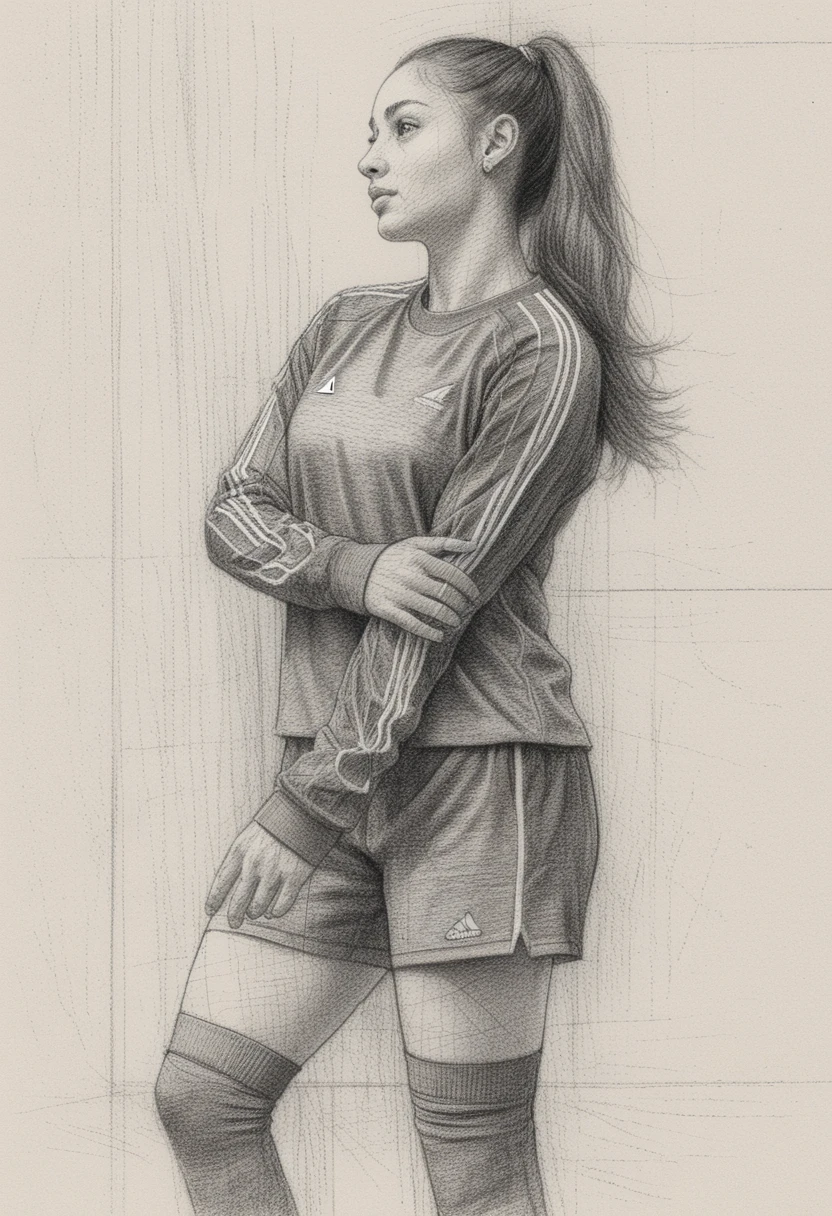 Retrato a lápiz de cuerpo entero de una joven futbolista concentrada