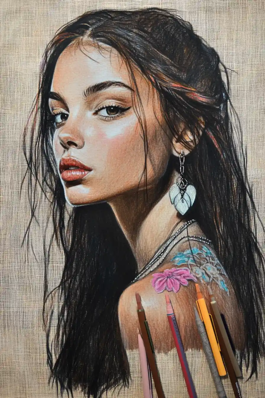 Portrait en gros plan d’une jeune femme à l’encre et au crayon de couleur