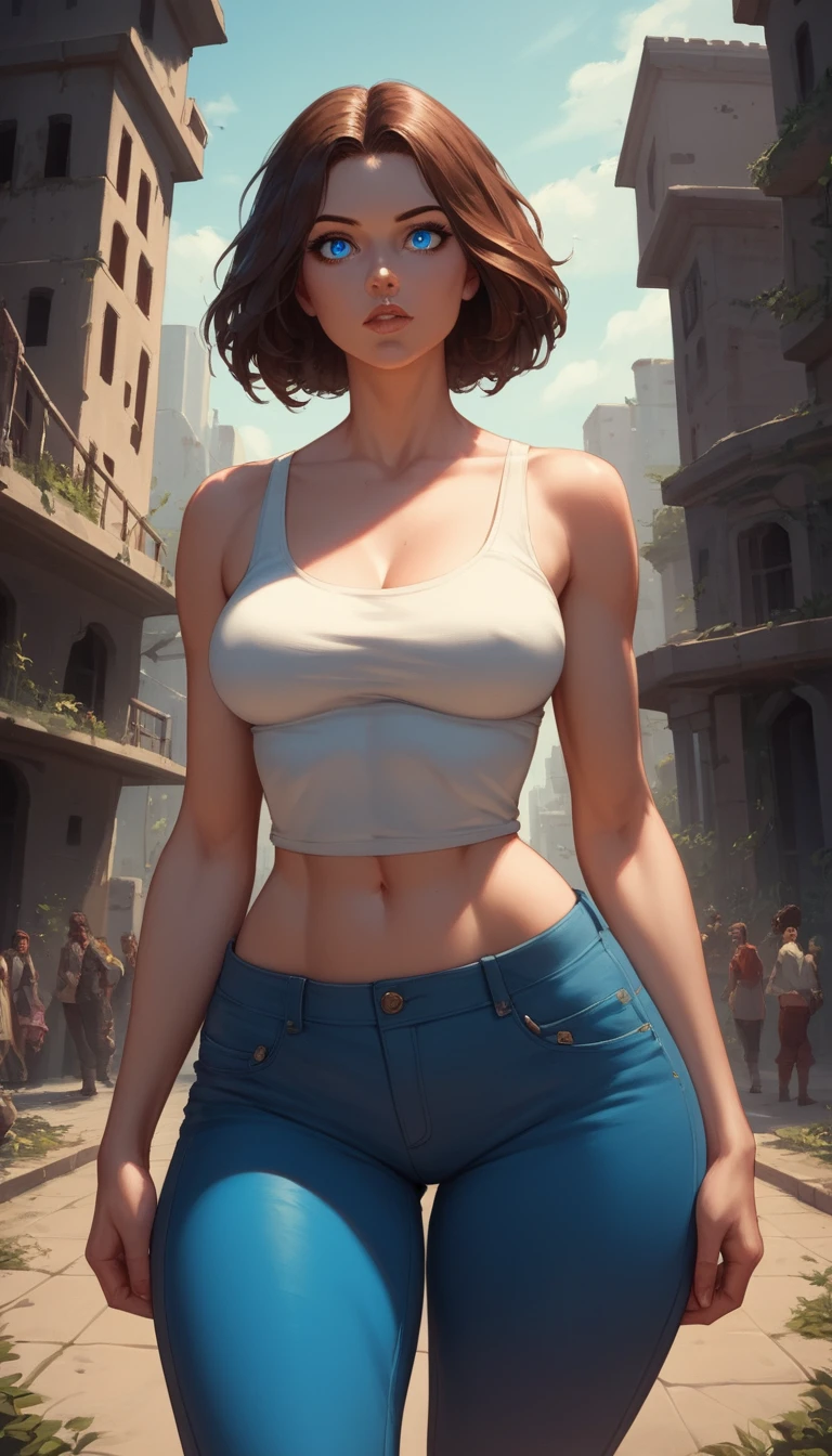 Heroína de anime voluptuosa em uma cidade de fantasia sombria
