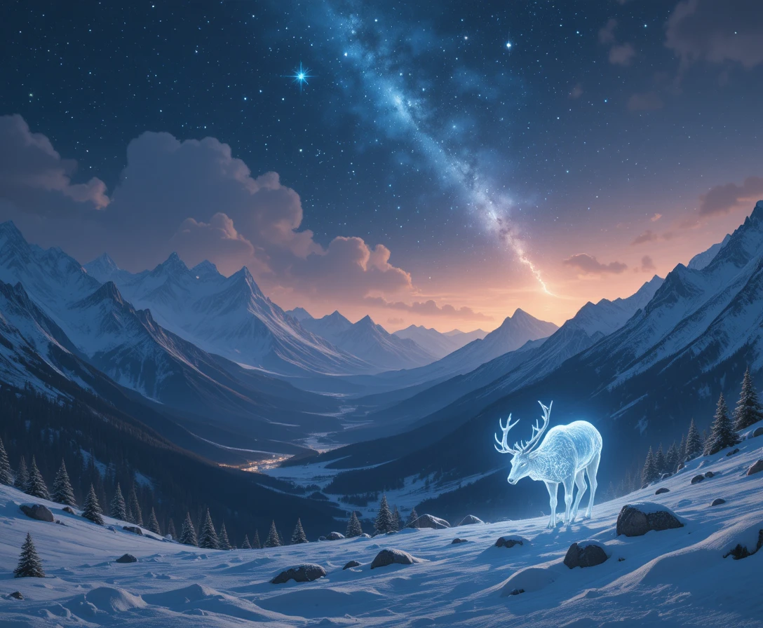 Cervo espiritual congelado em vale montanhoso de fantasia nevada