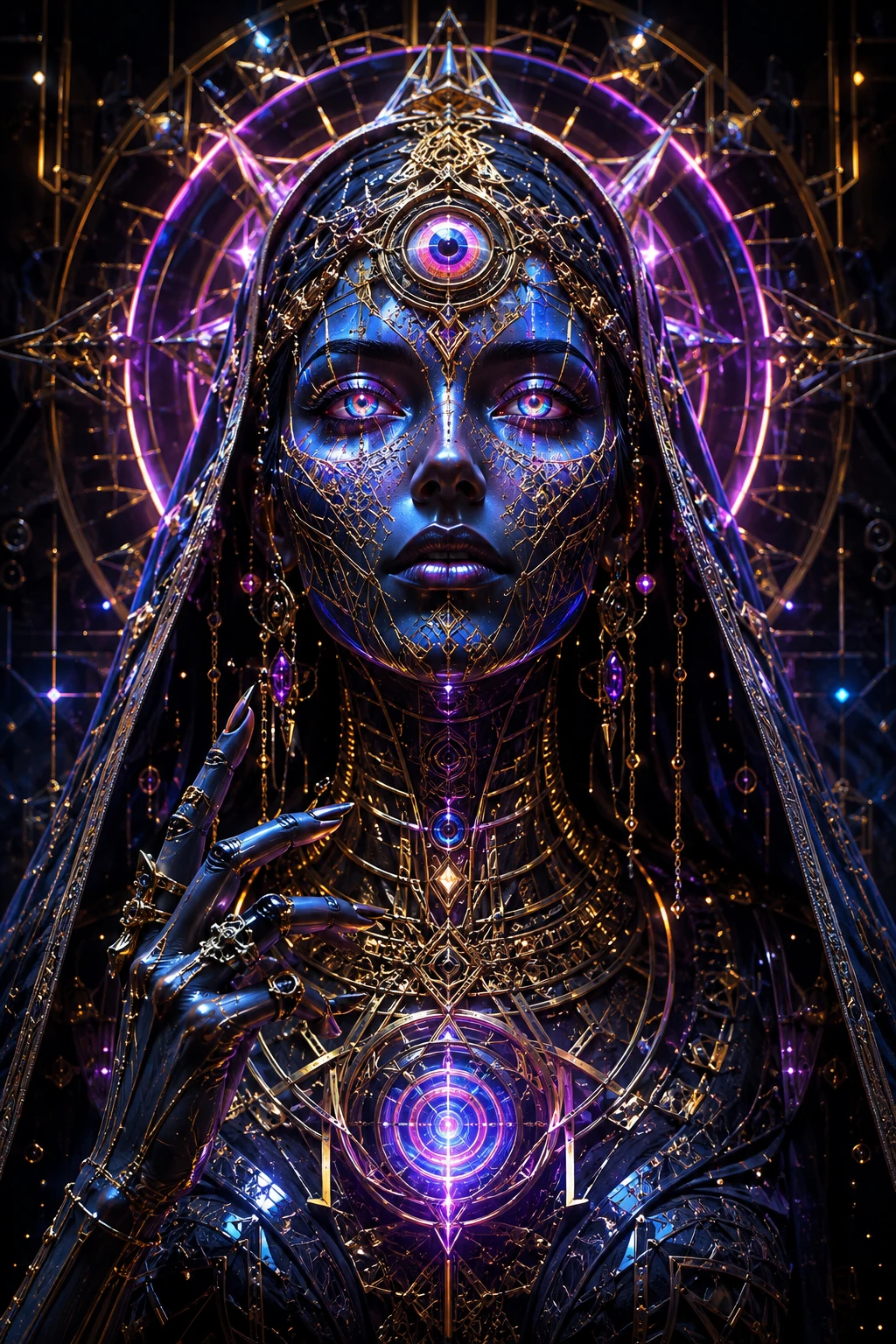 Oráculo neon com olhos proféticos prismáticos e aura cósmica