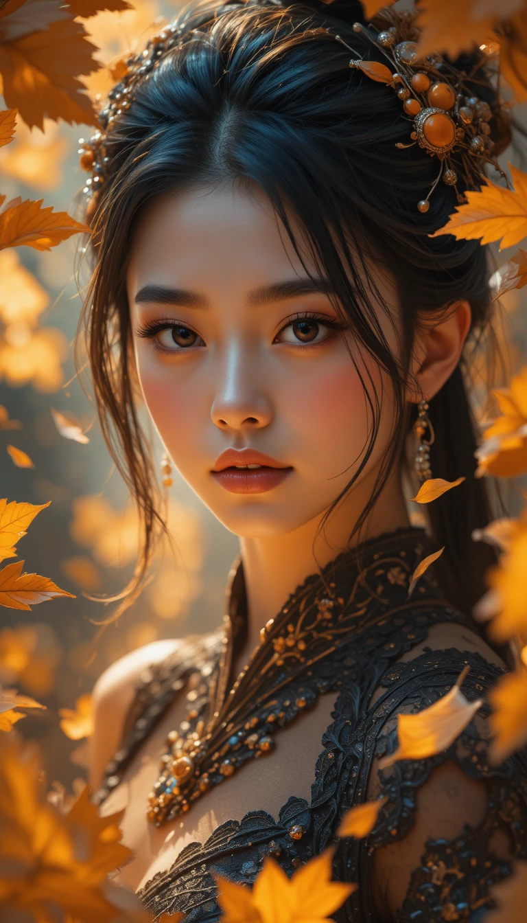Close up anime princess in glowing amber forest