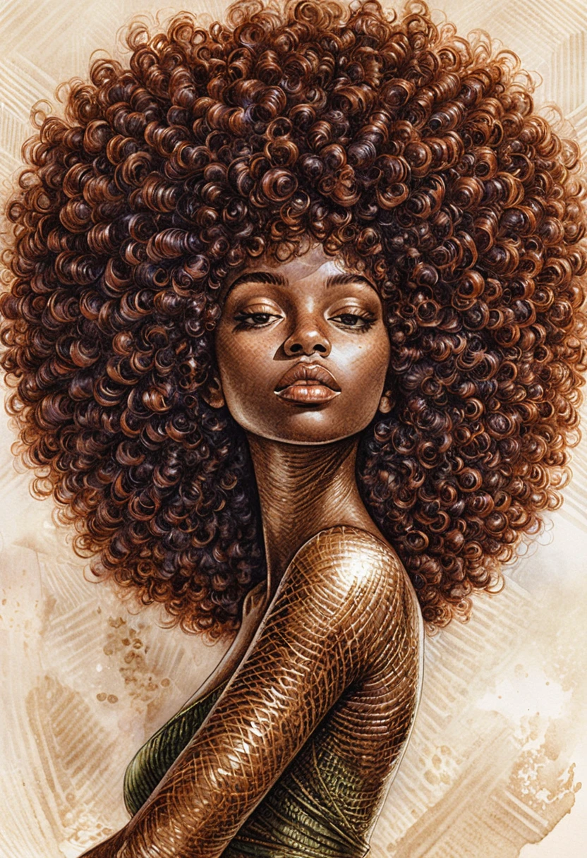 Retrato em close de mulher negra serena com afro volumoso