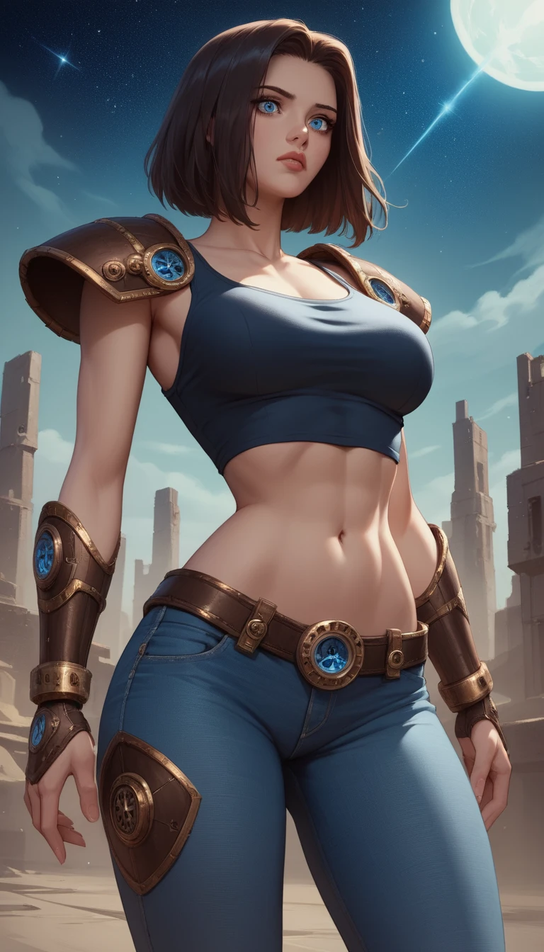 Mulher heroica em pé em uma cidade steampunk de fantasia sombria