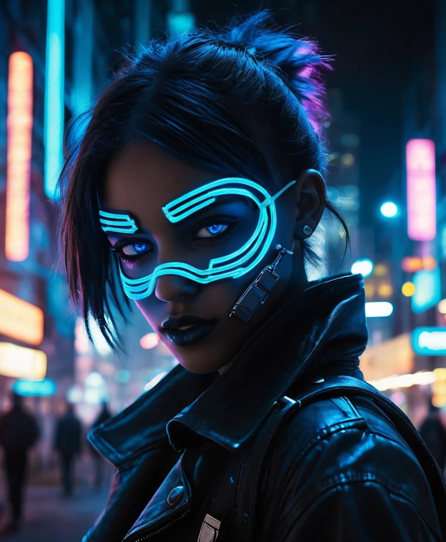 Mulher mascarada em cidade neon com olhos azuis brilhantes