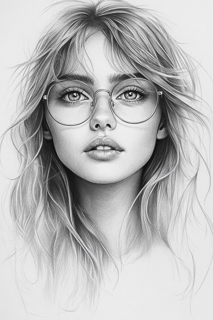 Retrato de una mujer joven en dibujo a lápiz de línea fina