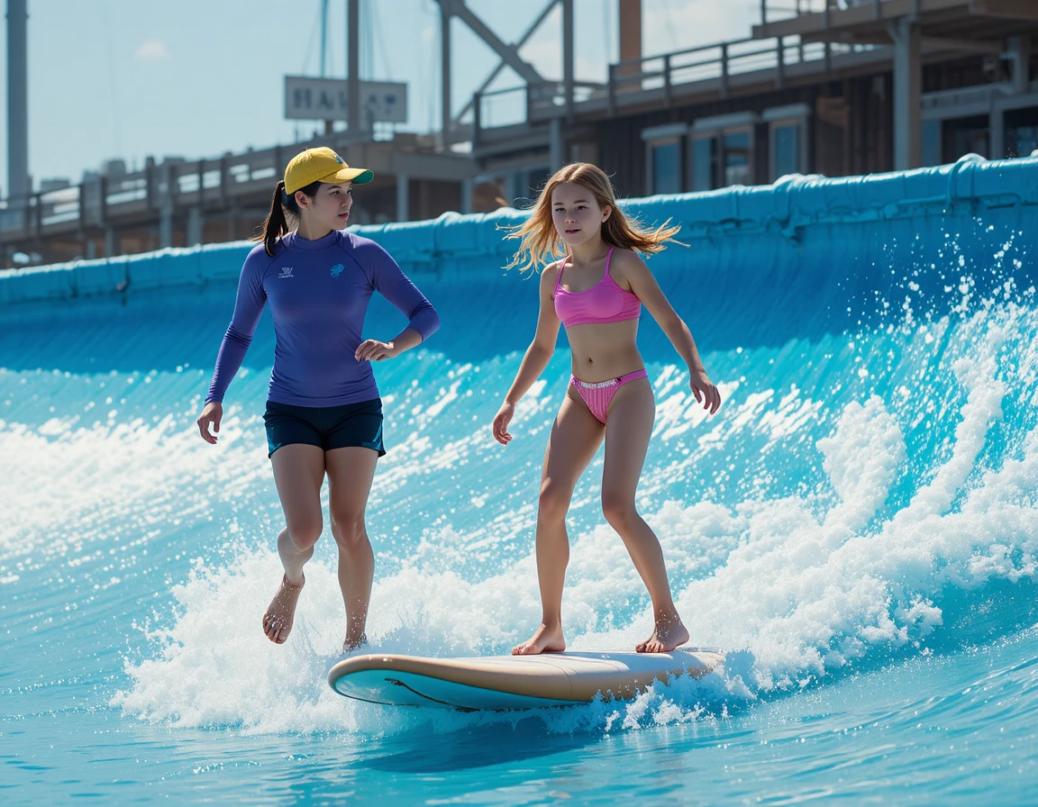Young girl surfing on wave machine at sunny water park
