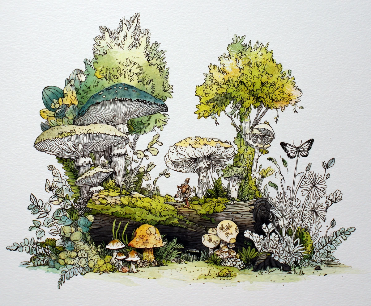 Whimsical enchanted forest with sprites and a hidden creature