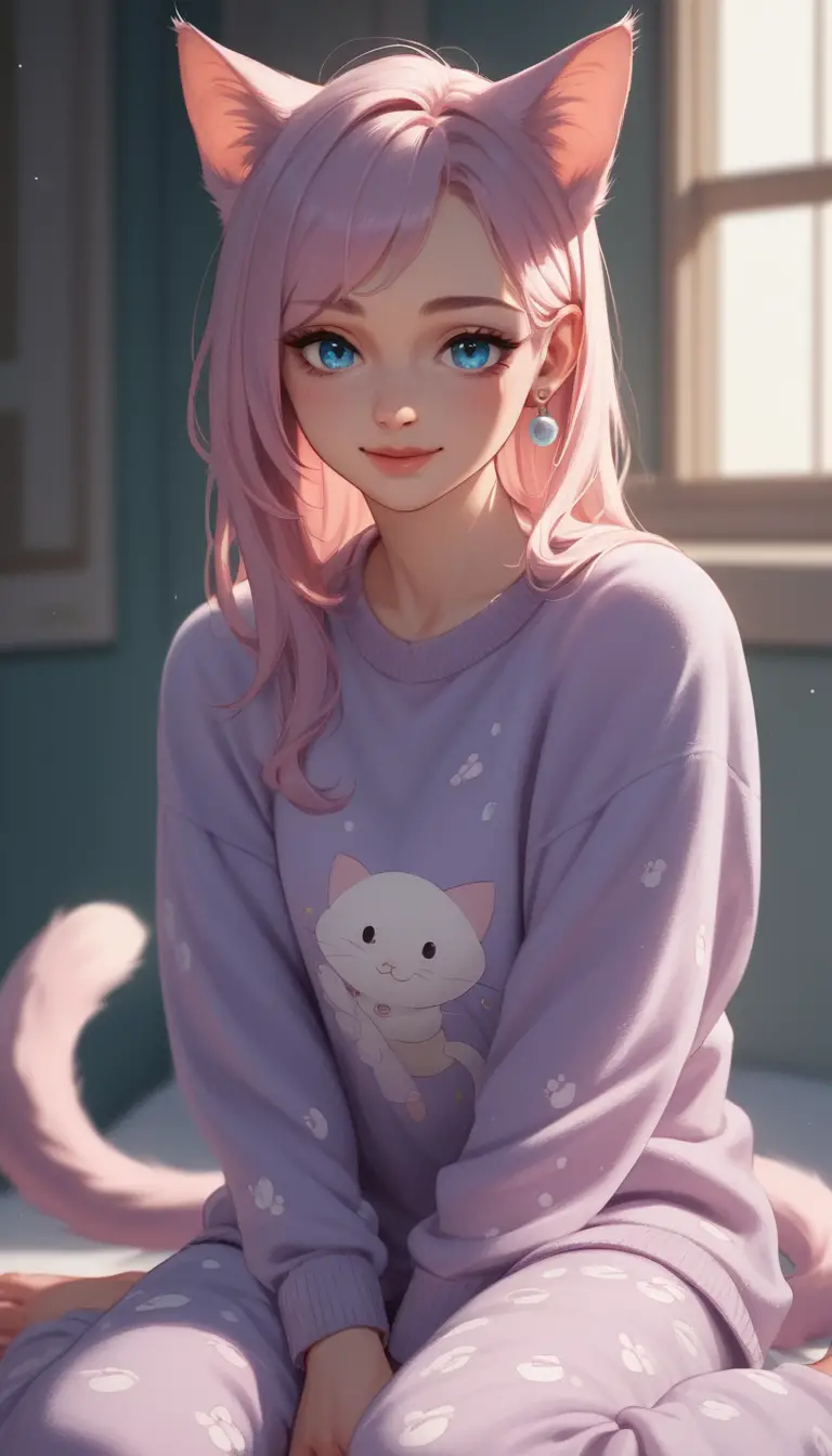俏皮藍眼貓娘在溫馨粉彩房間中放鬆
