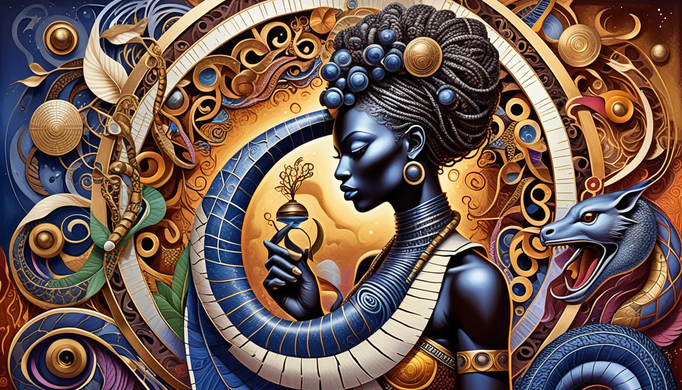 Afro luxury mixed media serpent guardian in celestial patterns