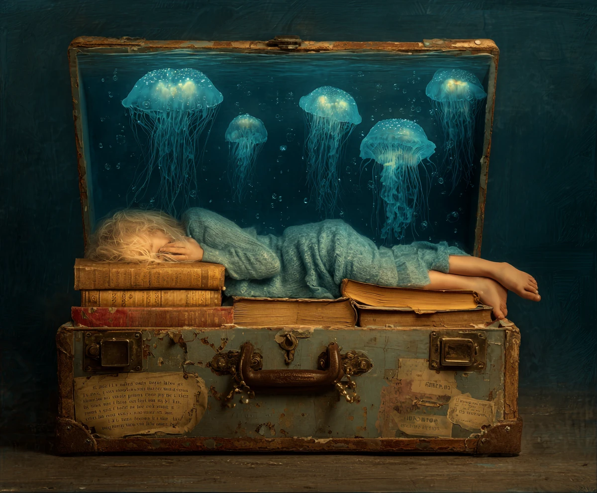 Sirenetta che Legge in un Angolo-Libreria nel Forziere con Meduse