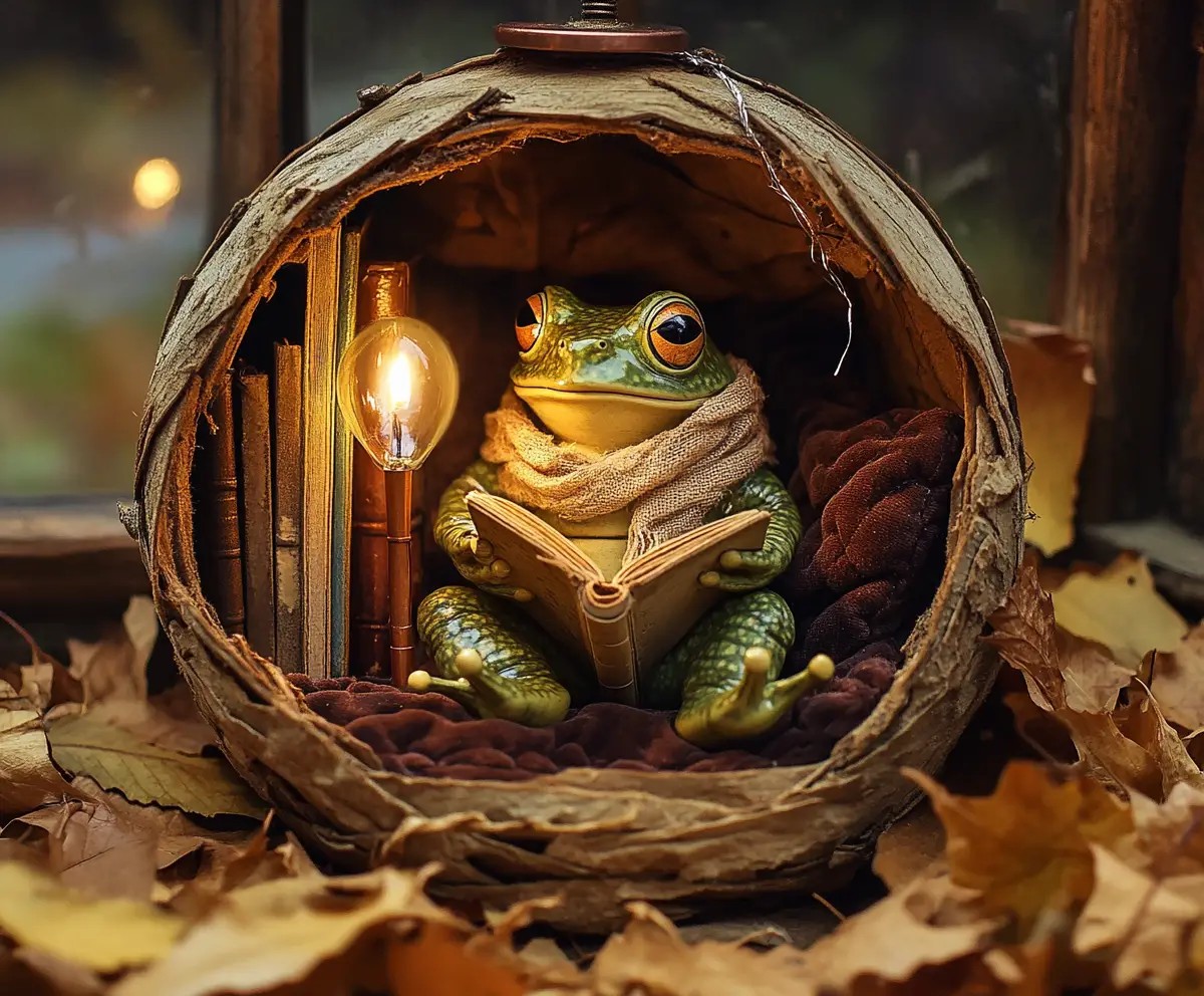 Frog Reading In A Cozy Sanctuary Inside A Lightbulb