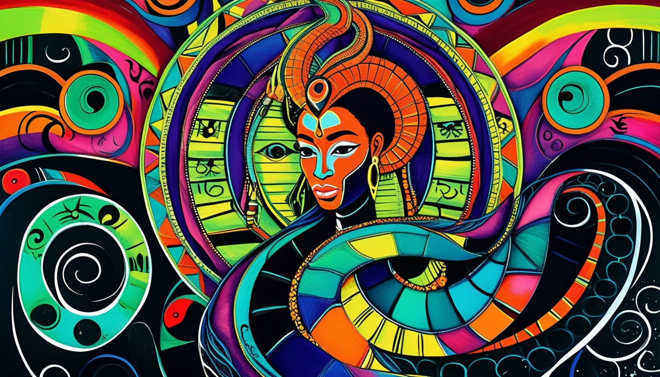 Afro-luxuriöser Schlangenwächter in surrealer Mixed-Media-Kunst
