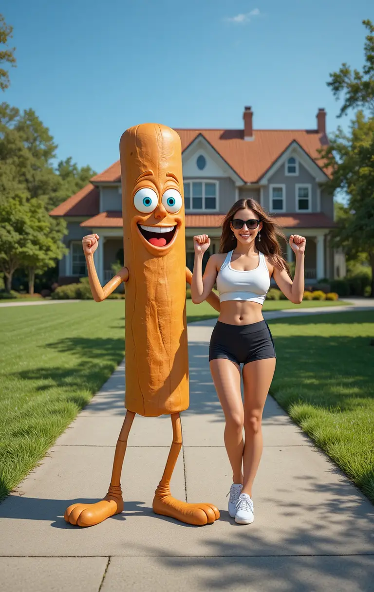 Woman dancing with a cartoon cinnamon stick outdoors