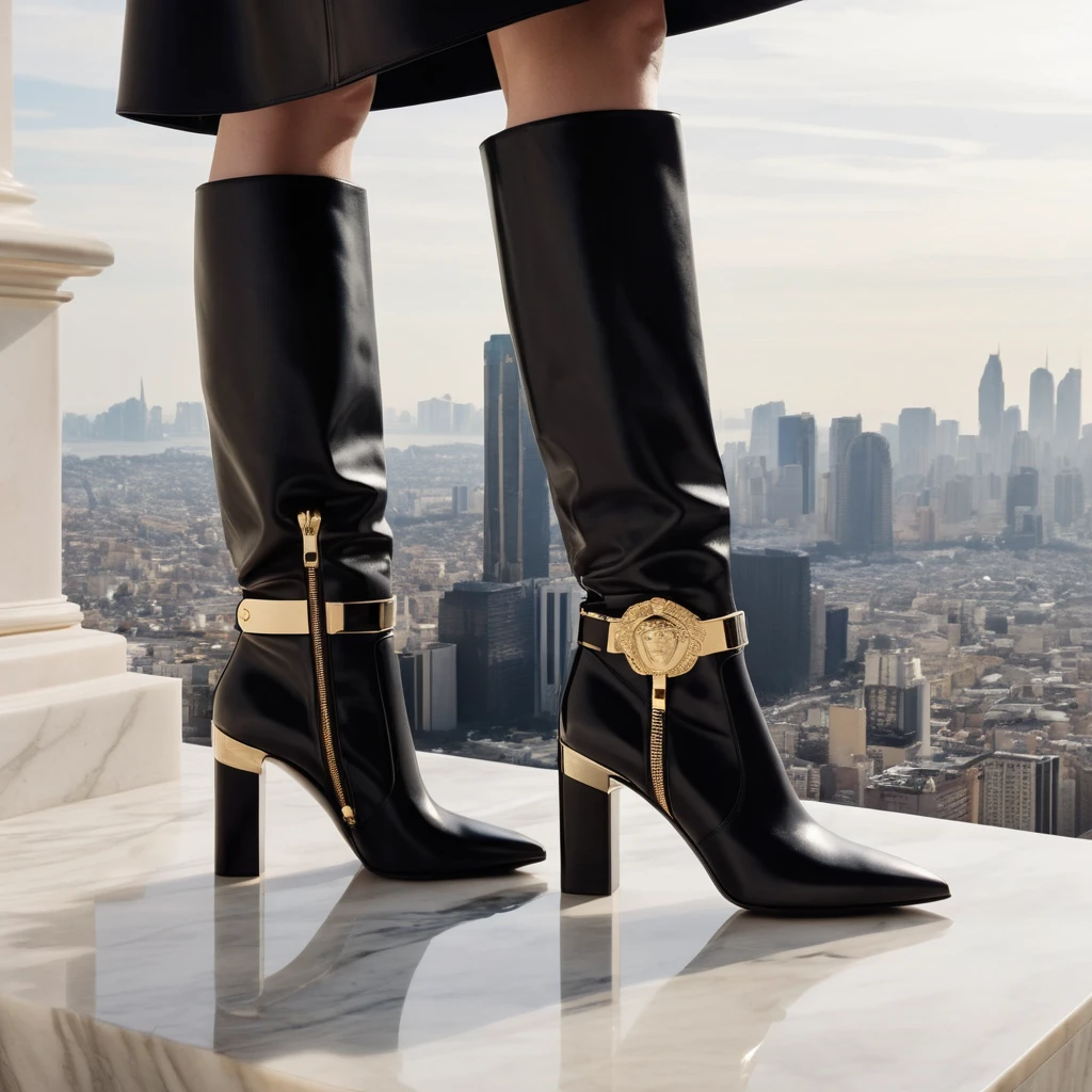 Schwarze Lederstiefel auf Marmor mit moderner Stadtskyline