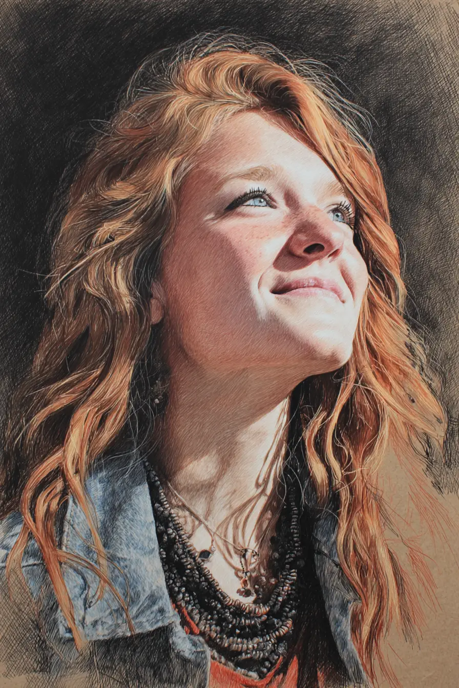 Low angle color pencil portrait of a smiling girl