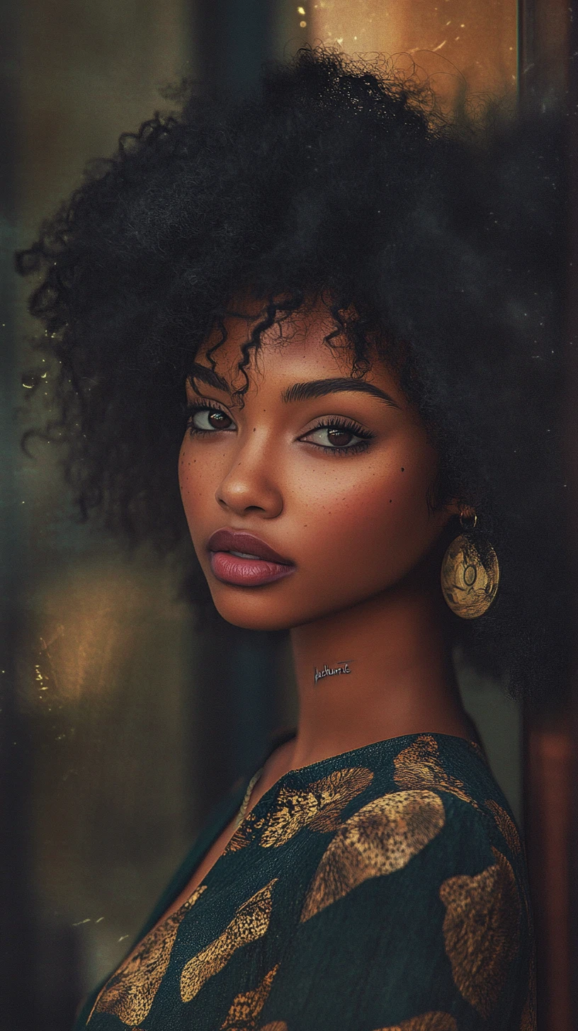 Retrato sereno em close de uma mulher negra com cabelo afro