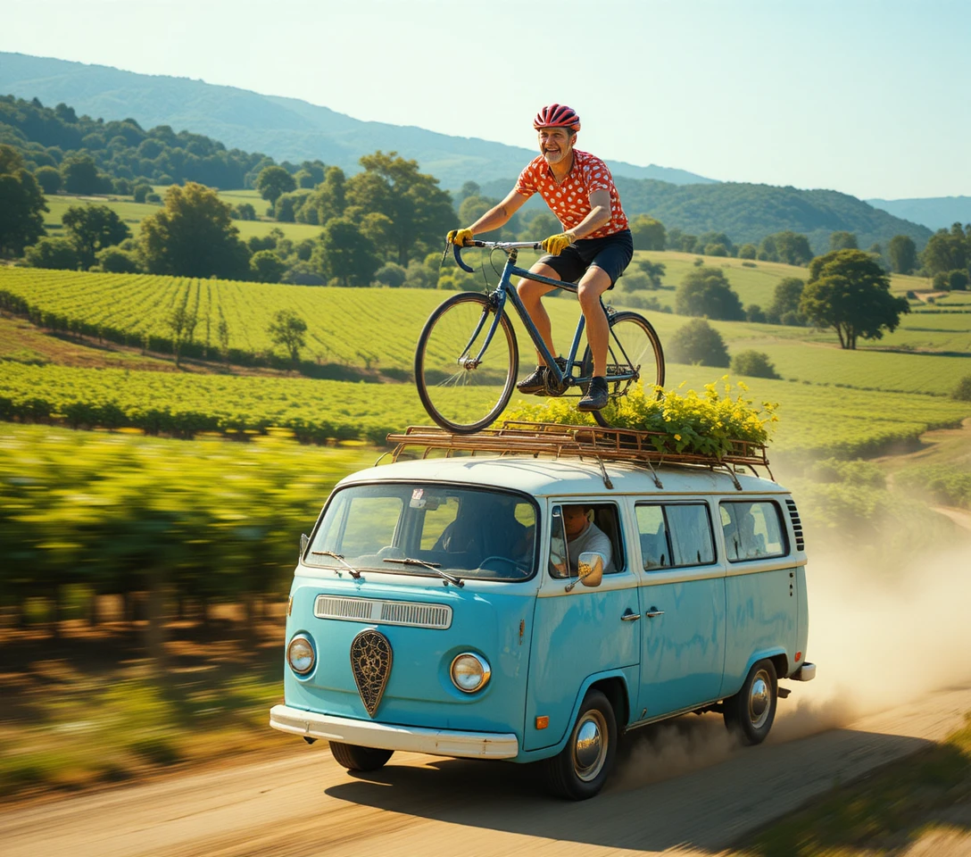 Cycliste âgé roulant à vélo vintage sur le toit d’un van