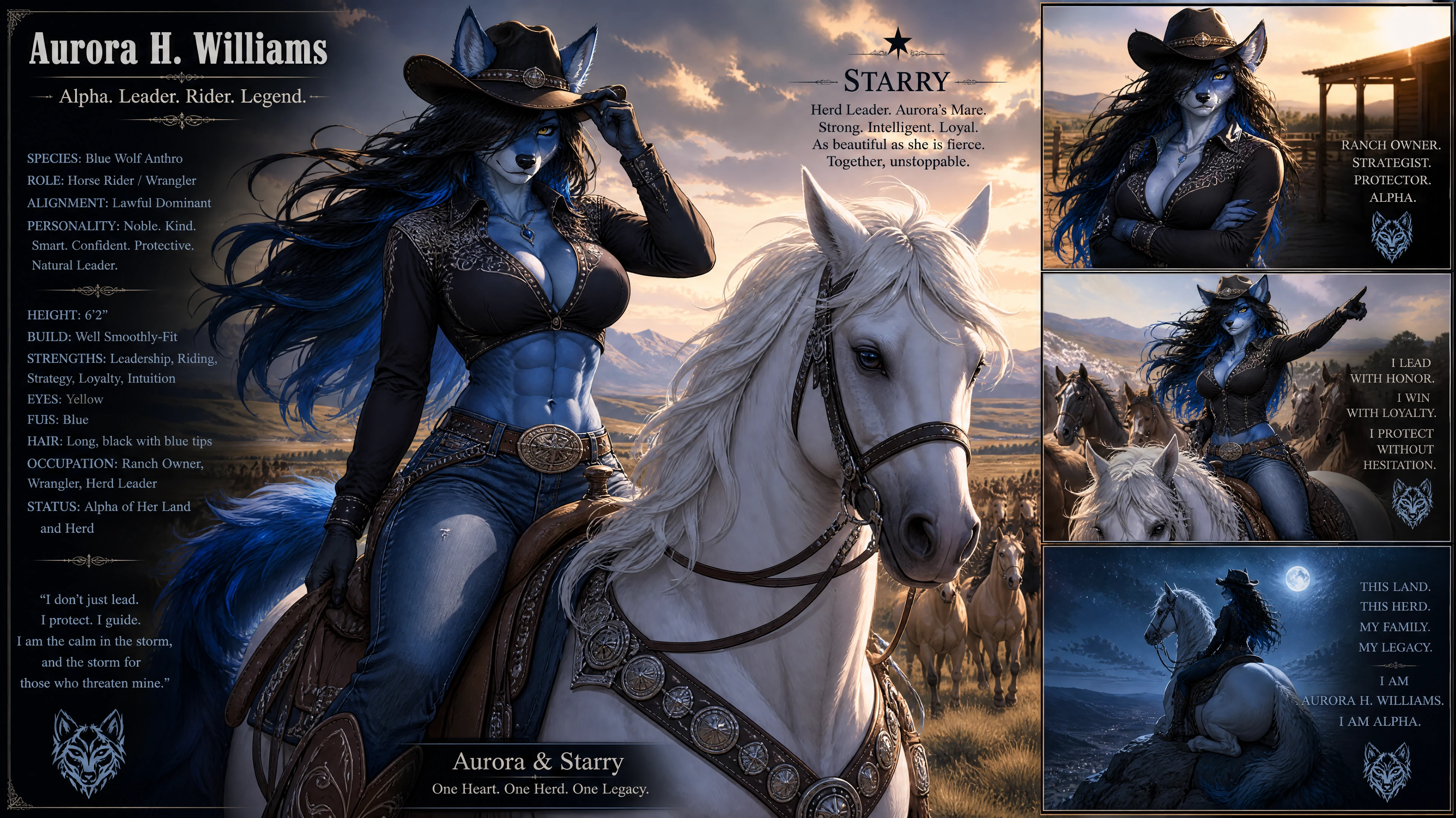 Cowgirl lobo de pelo azul montando uma égua branca companheira