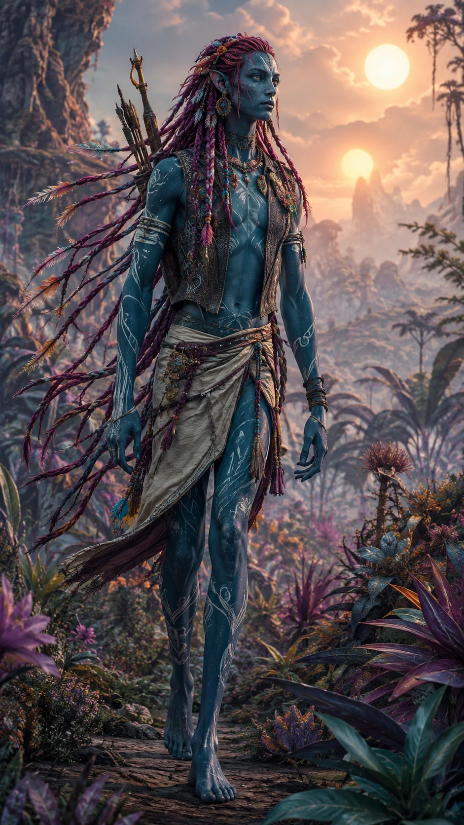 Turquoise alien hunter walking calmly through exotic plants