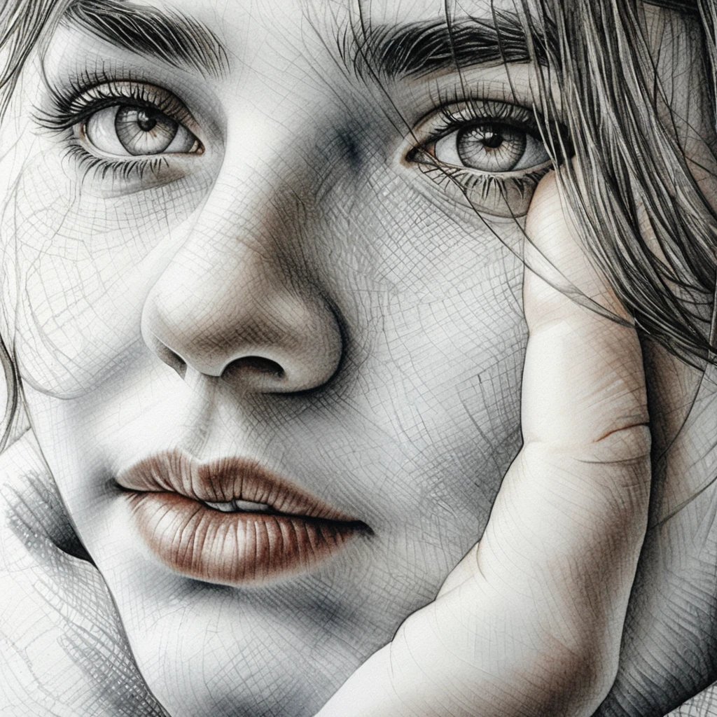 Pensive Young Woman Ink Portrait In Close Up View