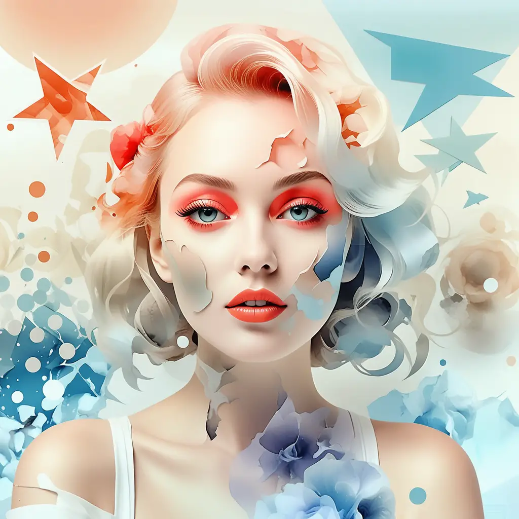 Playful woman in vibrant orange pop art collage illustration