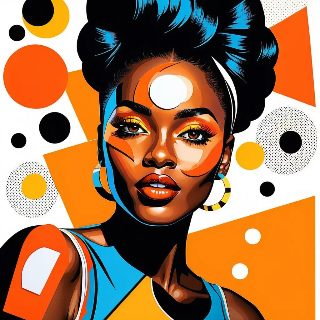 Pop art collage of a playful black woman on orange background