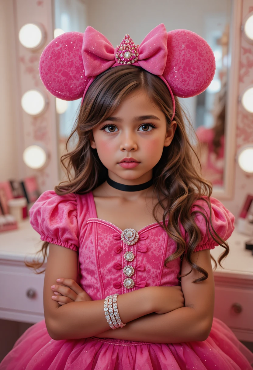 Nervous tween in princess costume at pink bedroom vanity