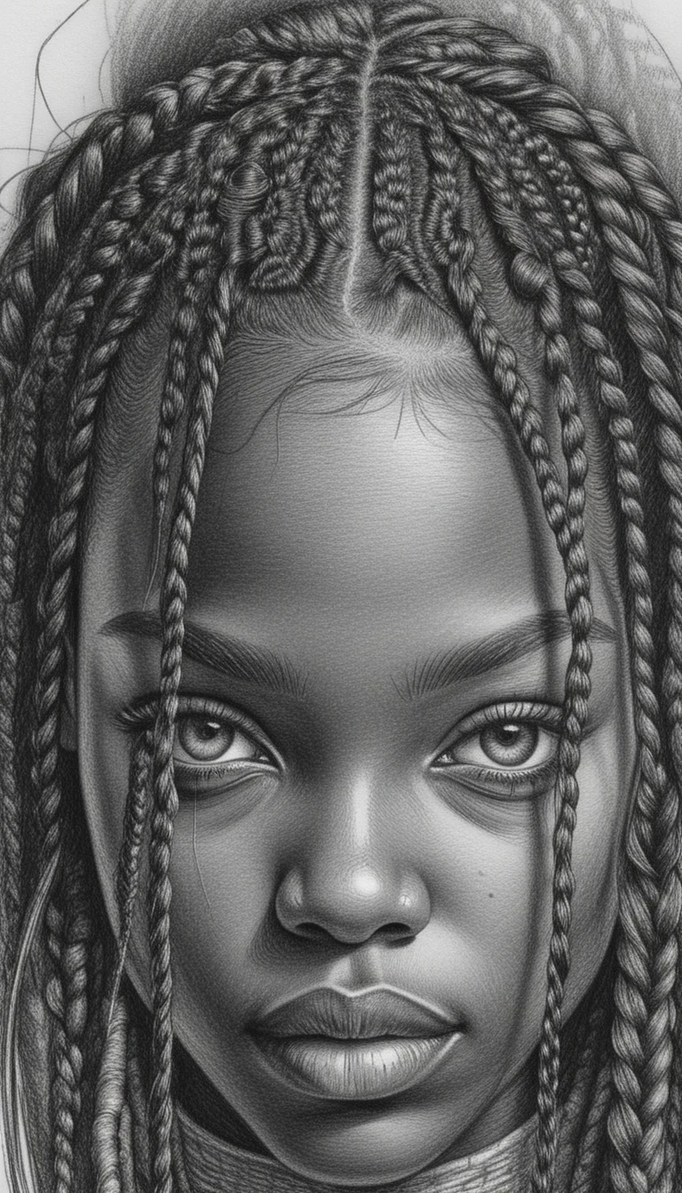 Retrato em grafite de uma jovem com olhar calmo e intenso