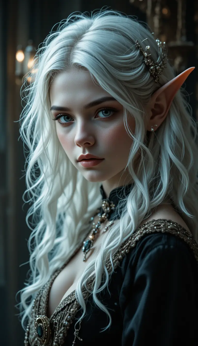 Victorian elf woman portrait with white hair and bokeh
