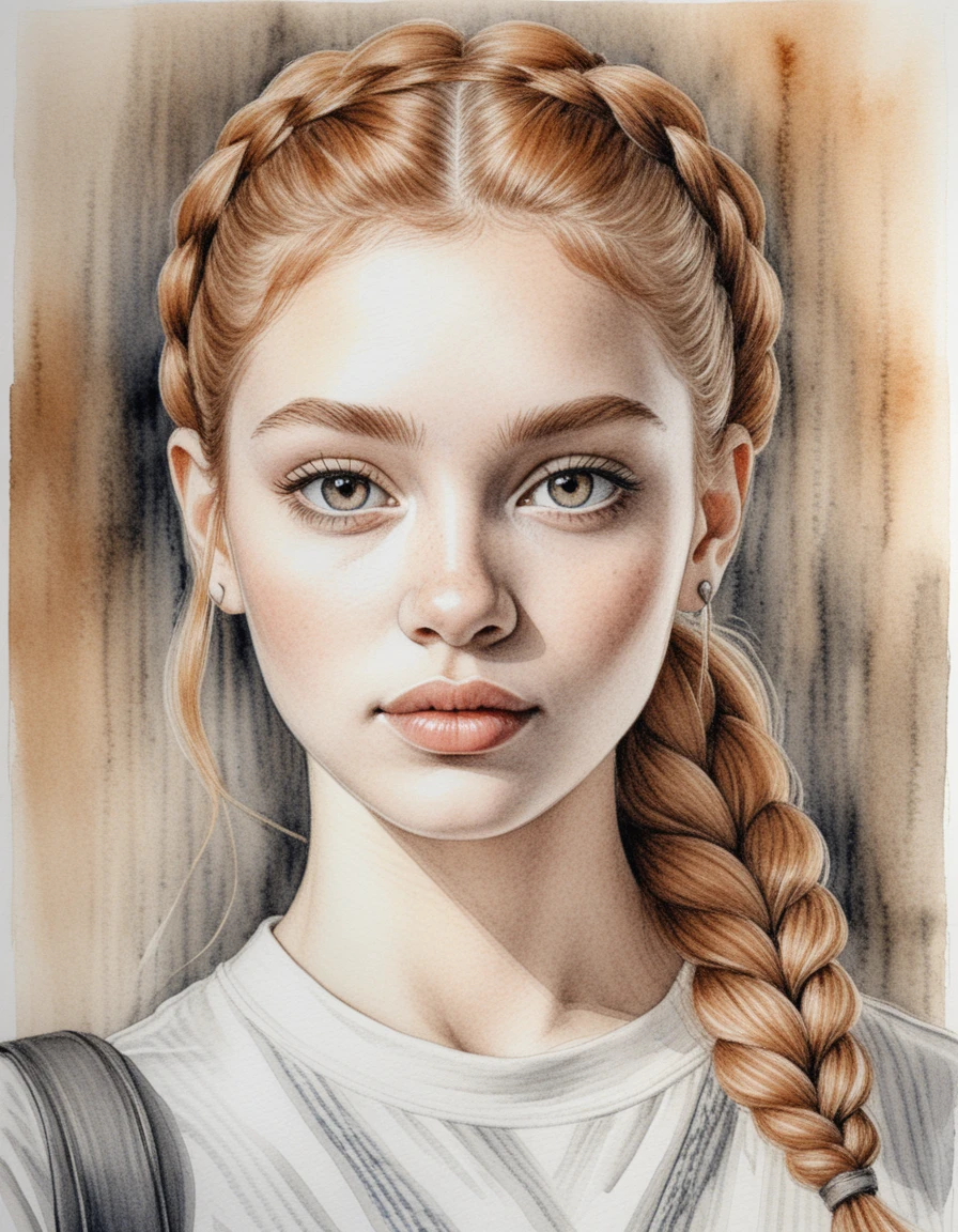 Retrato a tinta de una mujer joven con trenza pelirroja