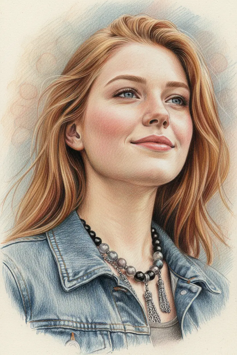 Low angle color pencil portrait of a smiling girl