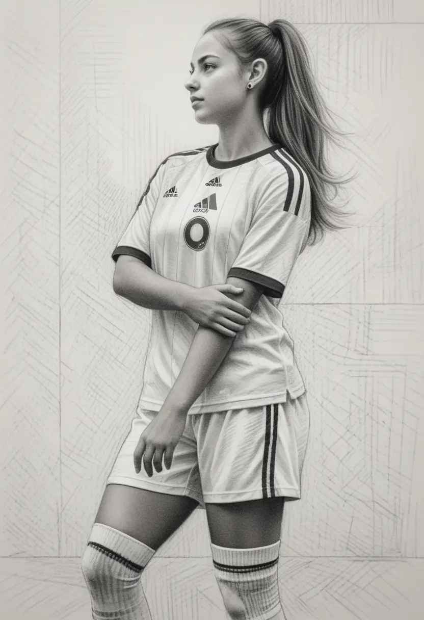 Graphite profile portrait of focused young female footballer