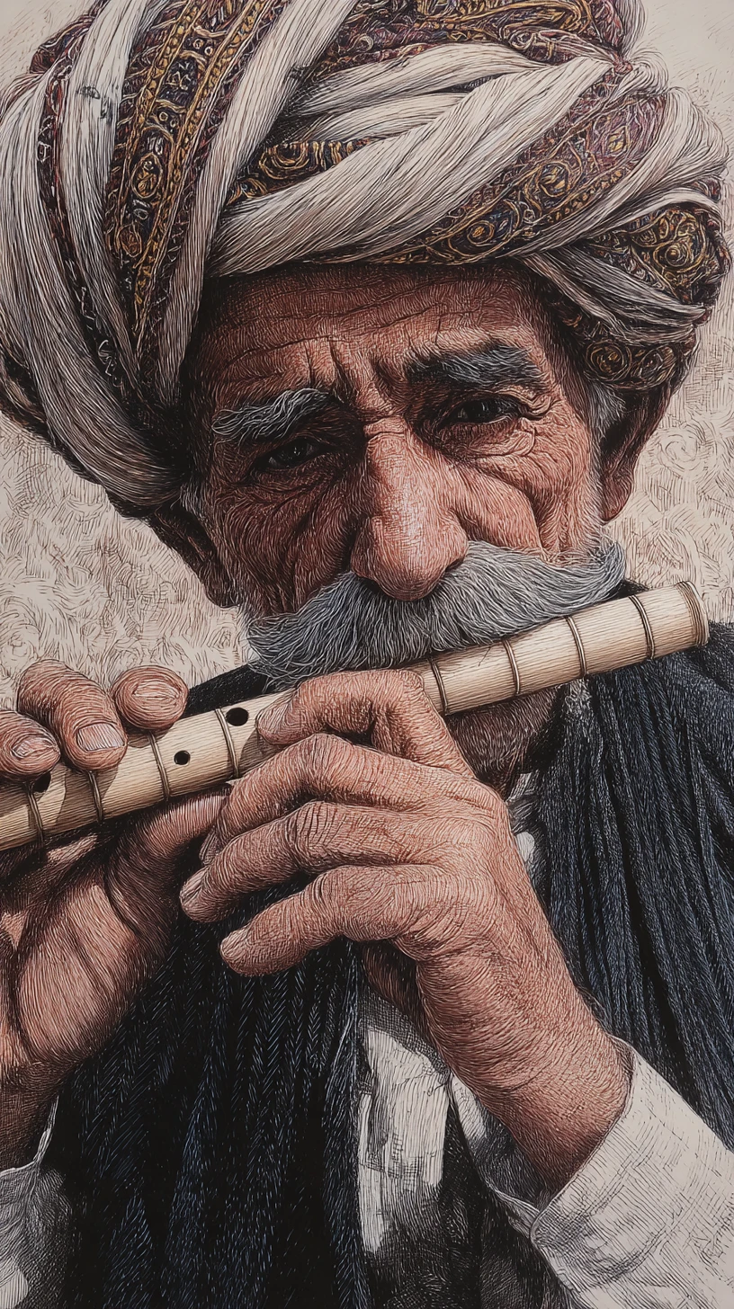 Desenho de retrato de idoso do Oriente Médio tocando flauta de madeira