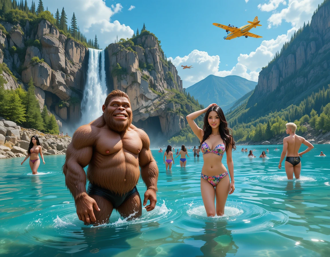 Friendly bigfoot in a mountain lake beneath a waterfall