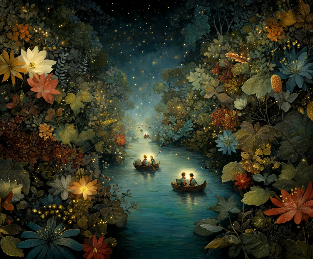Lucioles naviguant sur de minuscules bateaux sur un ruisseau forestier au clair de lune
