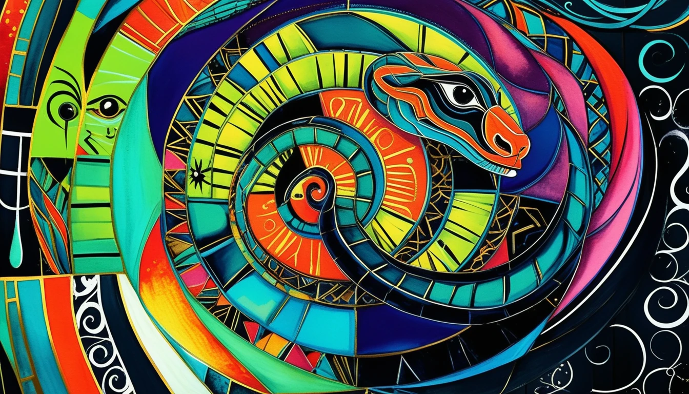 Guardiana serpiente sagrada en lujoso collage africano de medios mixtos