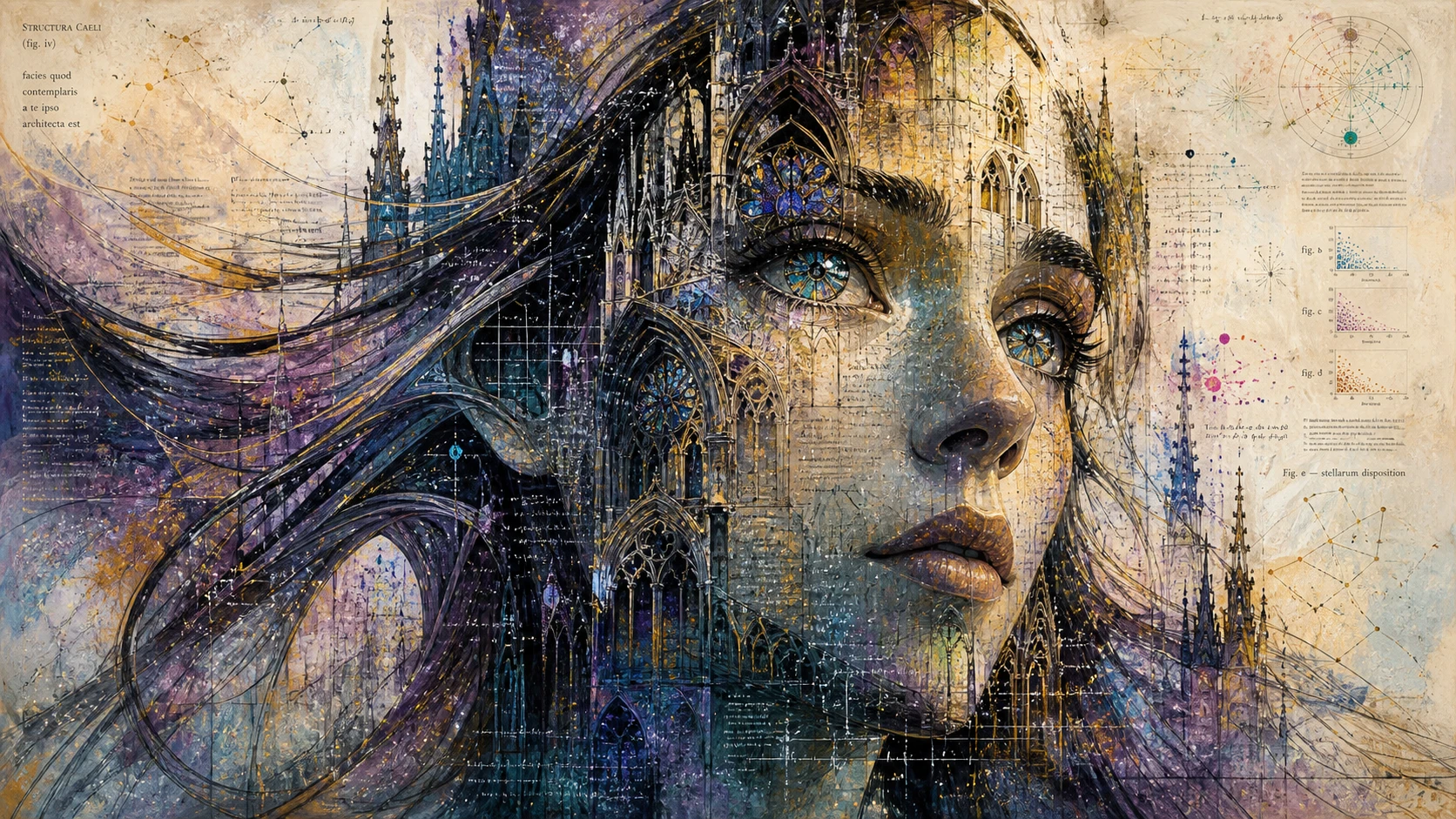 Abstract gothic cathedral emerging as a hidden portrait